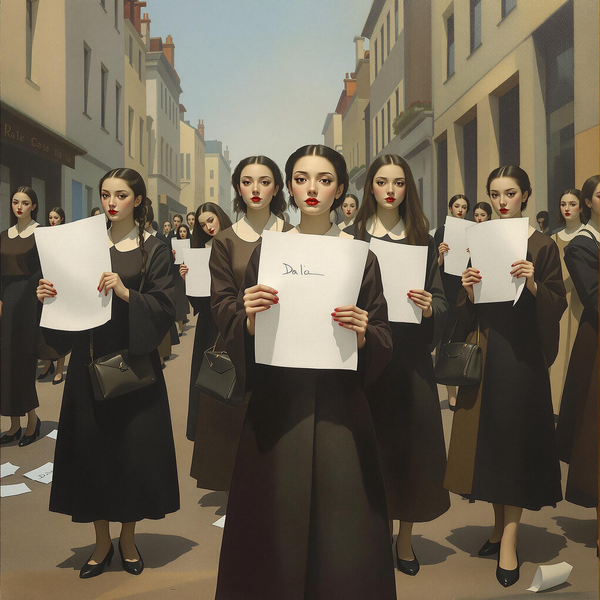 A group of young chinese girl holding white papers standing on the street.